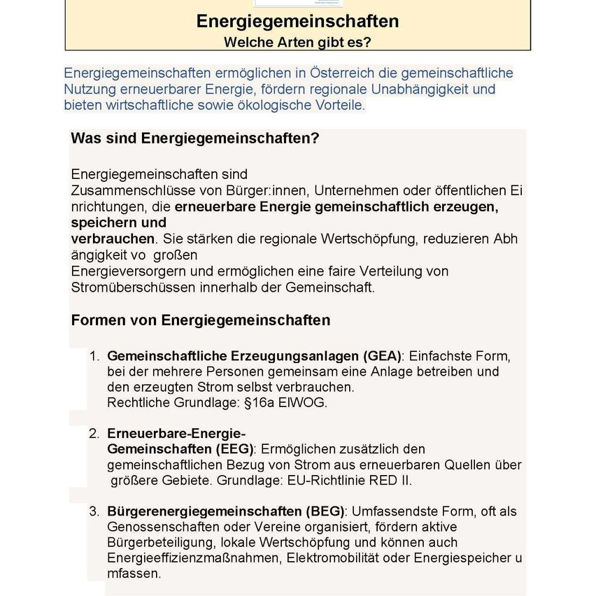Energy cooperatives in Austria enable the communal use of renewable energy, promote regional independence, and offer economic and ecological advantages. Energy cooperatives are associations of citizens, companies, or public entities producing and consuming renewable energy, enhancing regional value creation and reducing dependency on large energy suppliers.