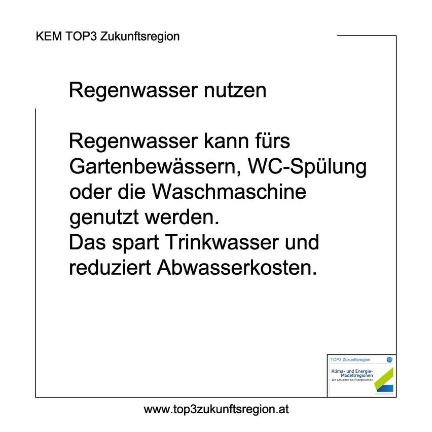 A white page with a title 'KEM TOP3 Zukunftsregion'. Text reads 'Rainwater use'. It explains rainwater for garden watering, toilet flushing, or washing machine. Saves drinking water and reduces wastewater costs. Bottom has a website link.
