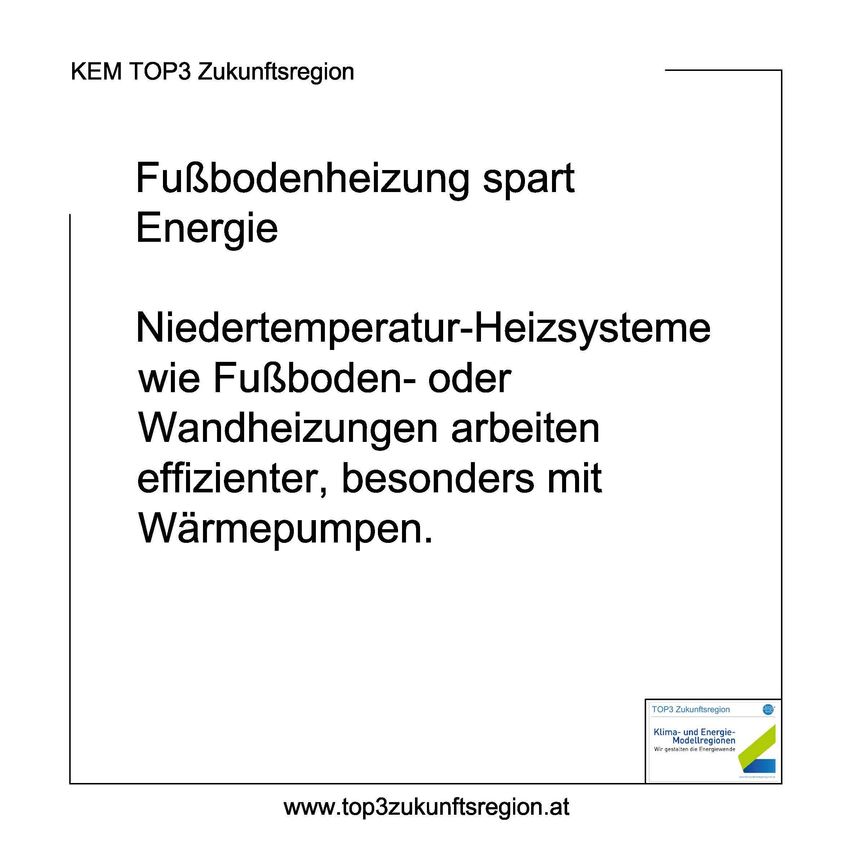 Das Bild diskutiert die Zukunftsregion 3 von KEM. Es betont, dass Fußbodenheizungssysteme Energie sparen. Niedertemperatur-Heizsysteme wie Fußboden- oder Wandheizungen arbeiten effizienter, besonders mit Wärmepumpen.