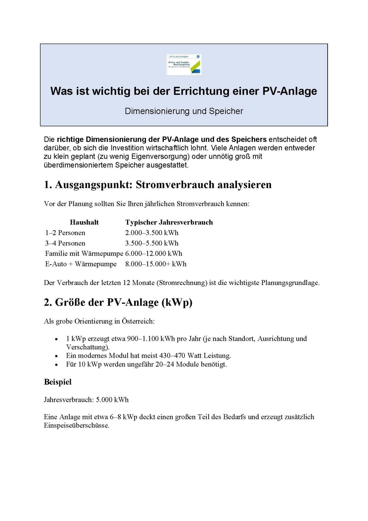 Ein Dokument mit dem Titel 'Was ist wichtig bei der Errichtung einer PV-Anlage' bespricht Dimensionierung und Speicher. Es betont, dass die richtige Dimensionierung der PV-Anlage und des Speichers über die Wirtschaftlichkeit entscheidet. Es listet Beispiele für den Energieverbrauch auf und beschreibt die Bedeutung der letzten Energienutzung für die Planung.