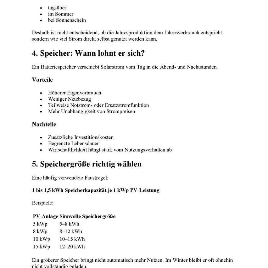 Das Bild bespricht die Bedeutung der Batteriespeicherung in Solarenergie, vergleicht Vor- und Nachteile. Es erwähnt auch die typische Speicherkapazität für PV-Systeme.