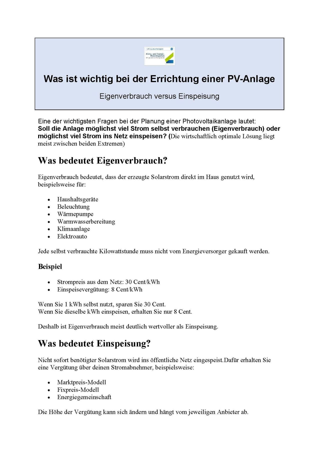 Das Bild diskutiert die Bedeutung von Eigenverbrauch gegenüber Einspeisung bei der Einrichtung einer PV-Anlage. Es hebt die Vorteile der direkten Nutzung von Solarstrom zu Hause gegenüber der Einspeisung ins öffentliche Netz hervor. Beispiele werden zur Veranschaulichung der Kosteneinsparungen gegeben.