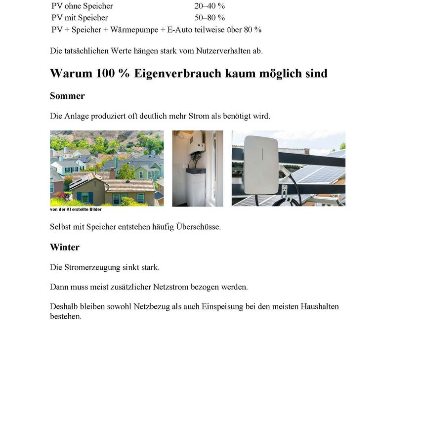 Das Bild zeigt Effizienzraten von Solarstrom mit und ohne Speicher. Im Sommer produzieren Systeme oft mehr Strom als benötigt, während im Winter die Stromerzeugung deutlich abfällt, was Netzstrom erfordert.