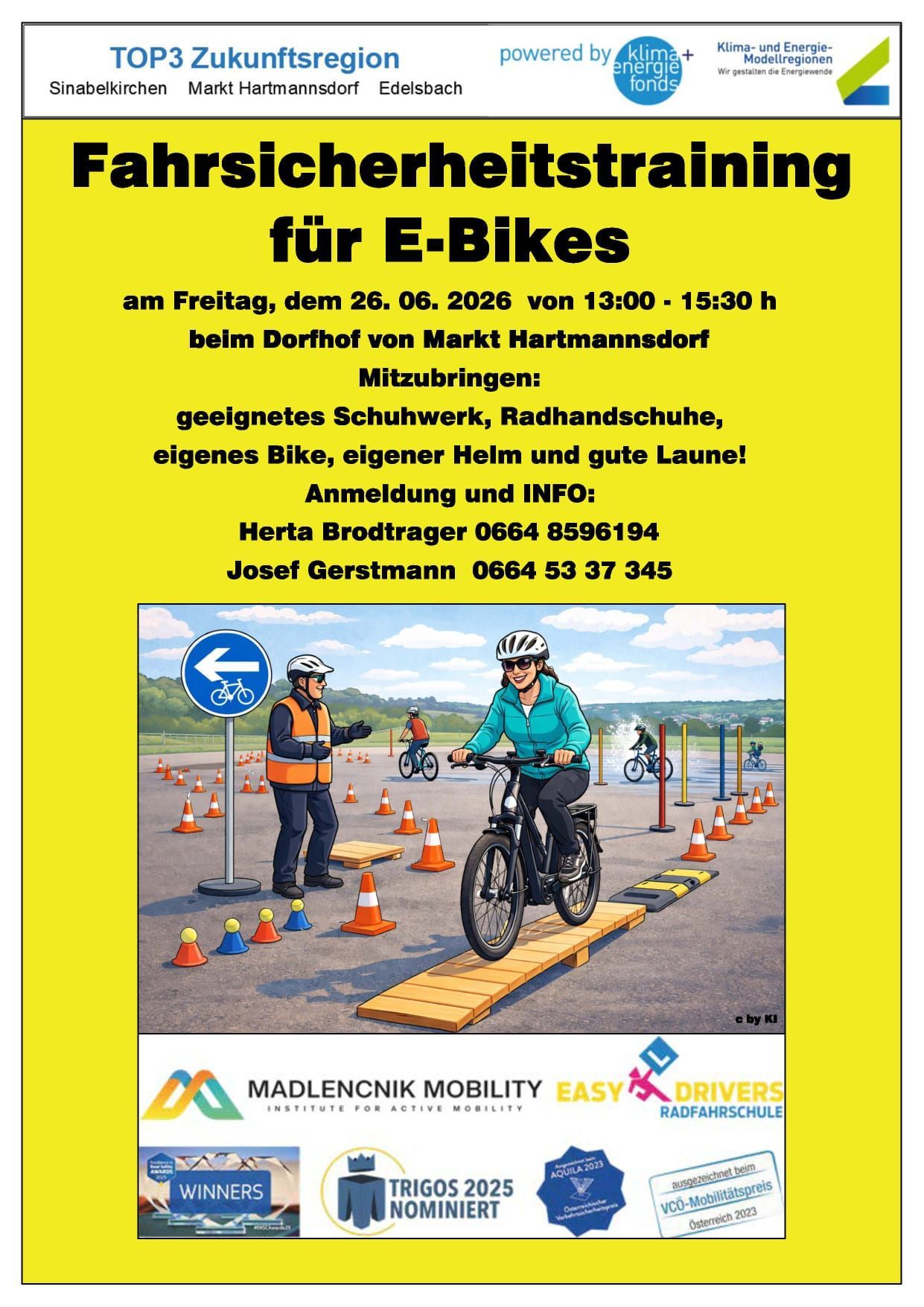 Plakat für einen E-Bike-Kurs am 26. Juni 2026. Beinhaltet Anmeldeinformationen und benötigte Ausrüstung. Illustration einer Fahrerin und eines Instruktors.