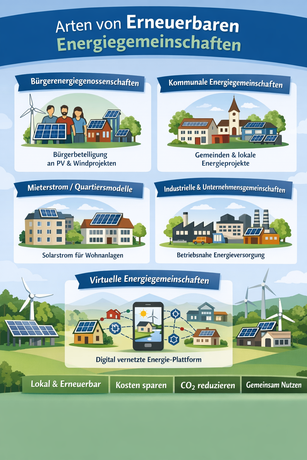 The image shows different types of energy cooperatives. The top left represents citizen energy cooperatives with PV and wind projects. The top right is about local energy projects. Below are metered/quarter models, industrial and company cooperatives, and virtual energy cooperatives.