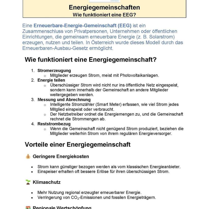 The image explains how an Energy Cooperative (EEG) works. It involves members producing, using, and sharing renewable energy. Energy produced is measured, and surplus can be transferred to other members. Smart meters monitor usage. Members can buy additional energy if the cooperative doesn't produce enough. Benefits include lower energy costs and regional energy use.