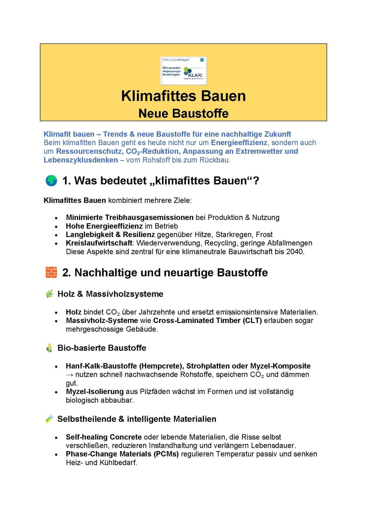 The image discusses climate-friendly construction, focusing on trends and new materials for sustainable futures. Key aspects include minimizing emissions, enhancing energy efficiency, CO2 reduction, and adapting to extreme weather. New materials include wood, bio-based materials, and self-healing concrete.