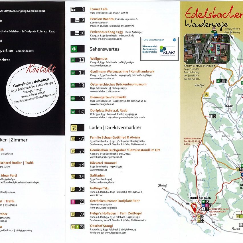 A map of Edelsbach Wanderwege with various points of interest listed, including cafes, attractions, and travel information. The map shows a route starting from the terminal, passing by attractions like the Wolgenuss Cafe, and ending at various points. It also includes a contact section for Edelsbach with phone and email details.