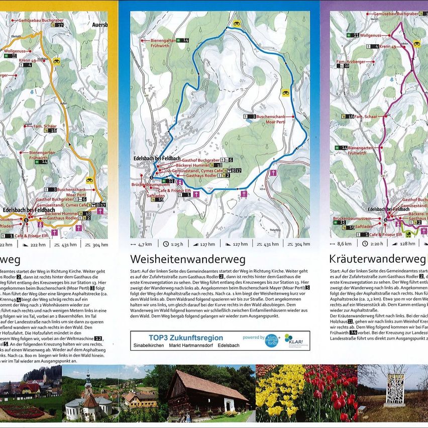 Three maps depict hiking trails. The first map shows a route starting from a village with various landmarks. The second map marks a route with a scenic view of a valley. The third map presents a path through a forest.