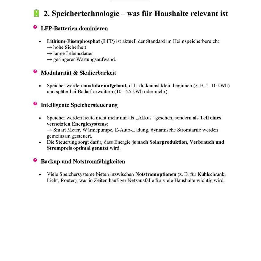 Das Bild behandelt Speichertechnologie für Haushalte, mit Fokus auf LFP-Batterien. Sie sind modular und skalierbar, geeignet für intelligente Energiesysteme. Backup-Systeme bieten Strom bei Ausfällen, was für viele Haushalte entscheidend ist.