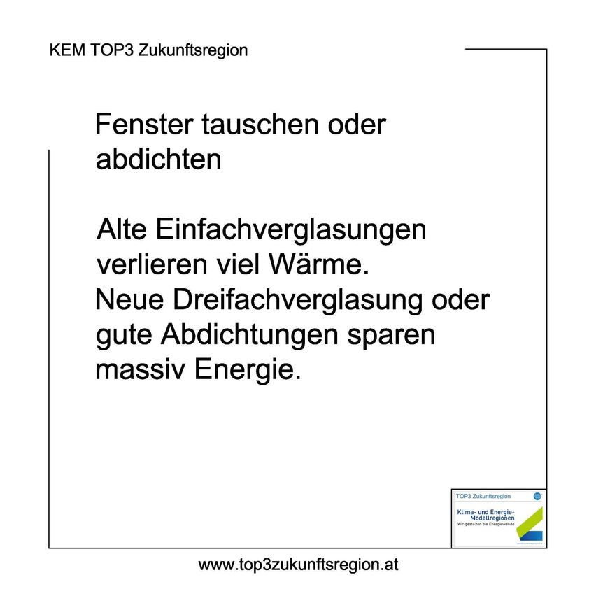 Das Bild wirbt für Energieeffizienz bei Fenstern und empfiehlt den Austausch von Einfachverglasungen durch Dreifachverglasungen oder gut abgedichtete Fenster, um Energie zu sparen.