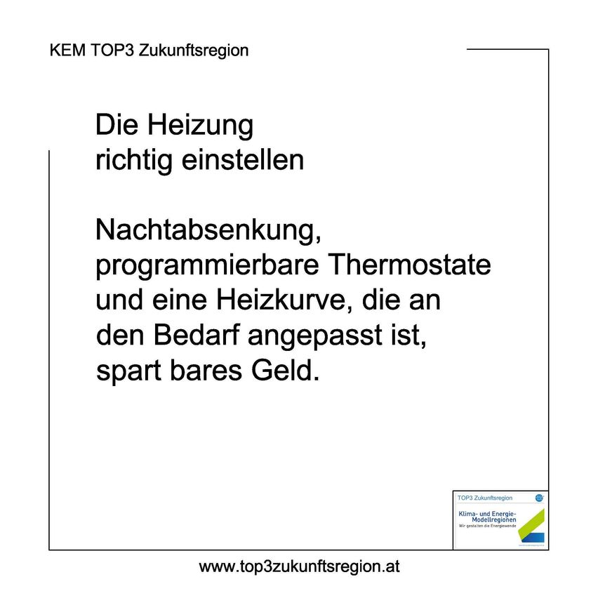 Das Bild zeigt eine Seite aus einer Broschüre über zukünftige Heizregionen, die auf Nachttemperaturreduzierung, programmierbare Thermostate und bedarfsgerechte Heizkurven zur Kosteneinsparung hinweist. Es enthält einen Link zur Webseite für weitere Informationen.