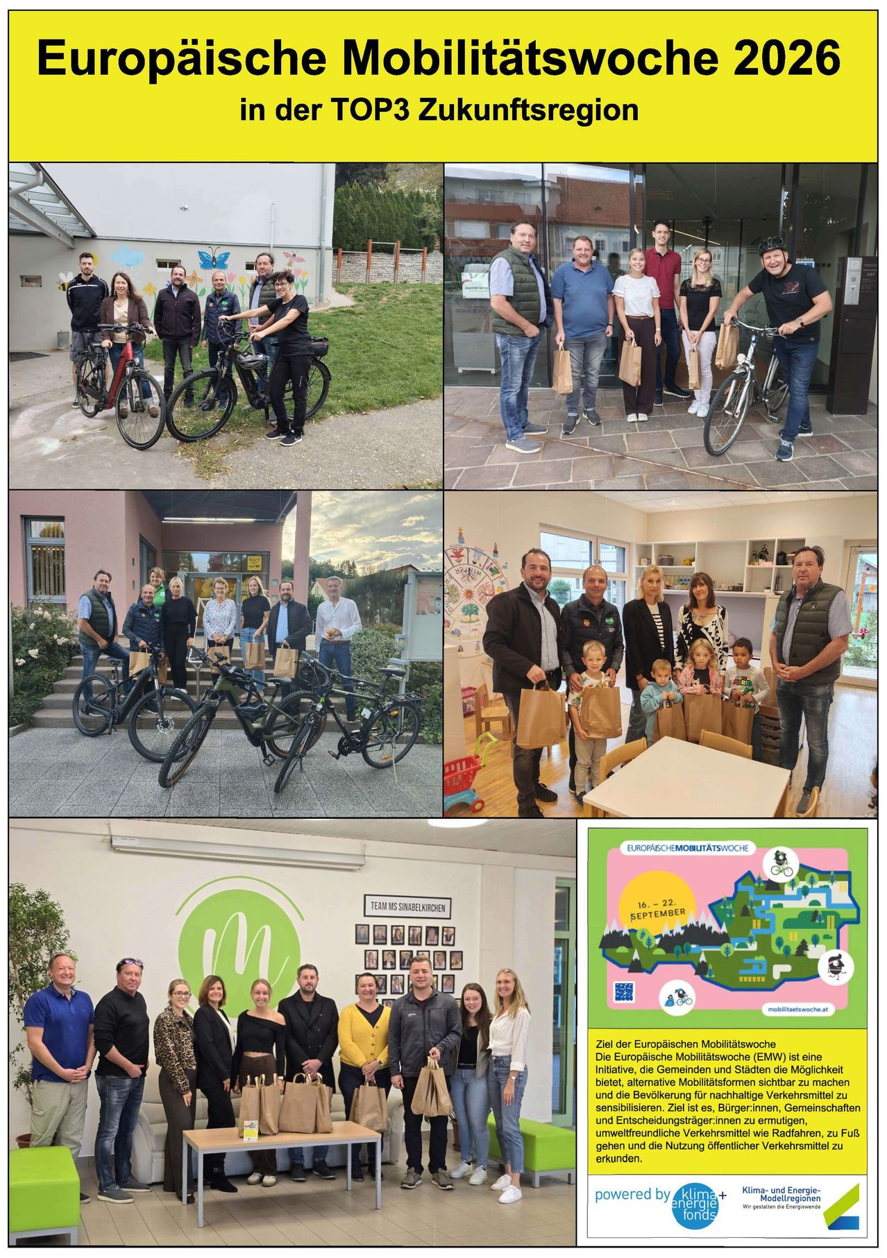 Eine Collage von Bildern, die verschiedene Gruppen von Menschen mit Fahrrädern zeigt, einige stehen vor Gebäuden, andere halten Papiertüten. Die Bilder sind in vier Abschnitte unterteilt, jeder mit einer anderen Umgebung.