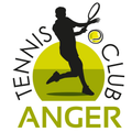Ein Logo für den Anger Tennis Club mit einer Silhouette eines Tennisspielers, der einen Ball mit einem Tennisschläger schlägt.