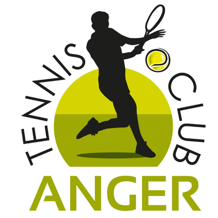 Ein Logo für den Anger Tennis Club mit einer Silhouette eines Tennisspielers, der einen Ball mit einem Tennisschläger schlägt.