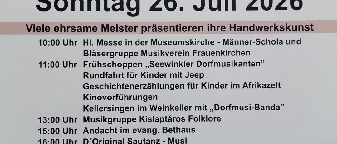 Ein Plakat, das die Handwerkstag-Veranstaltung am Sonntag, 26. Juli 2026 ankündigt. Es listet verschiedene Aktivitäten wie eine Messe, Musikaufführungen und Geschichtenerzählungen für Kinder auf. Eintrittspreise sind für Erwachsene, Kinder und Burgenlandkarteninhaber angegeben. Die Veranstaltung ist wetterunabhängig.
