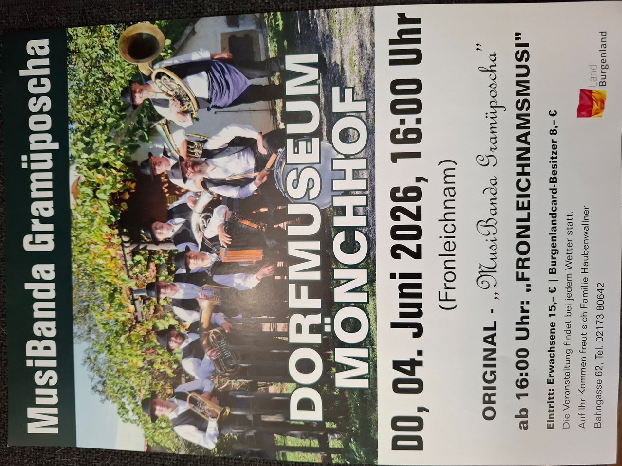A poster for a musical event at Dorfmuseum Hof with musicians playing instruments on June 26, 2026. The event starts at 4 PM and continues until 6 PM.