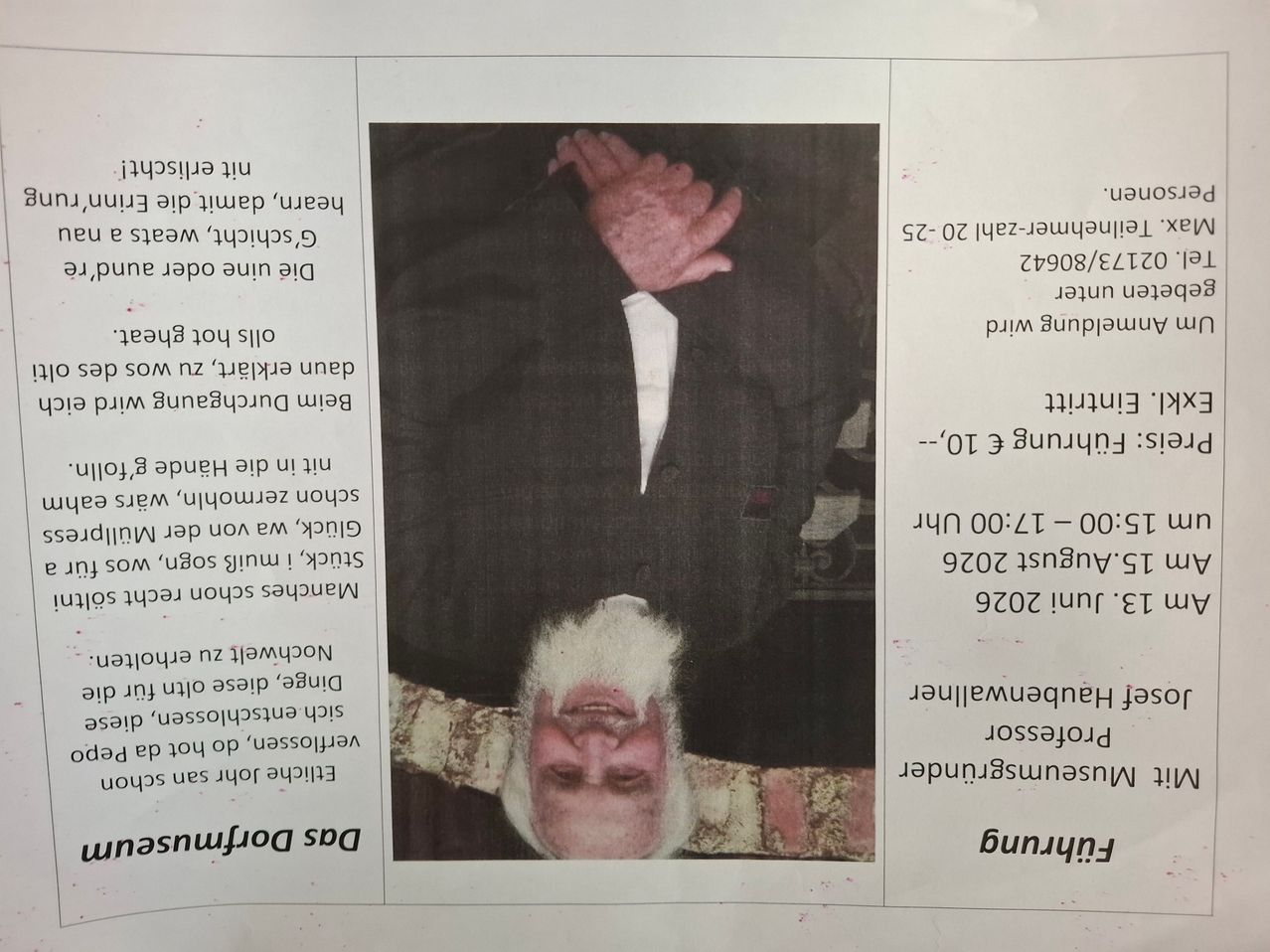 A document displays an old man with white hair and a reddened face. The image is surrounded by text in different languages. The document contains personal details and an address.