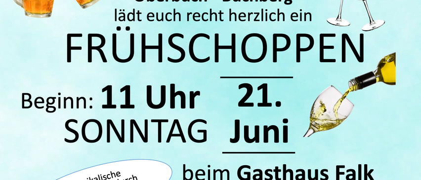 An advertisement for a Sunday morning gathering at Gasthaus Fal in Oberbuch. It features a beer mug and wine glasses. The event starts at 11 AM.