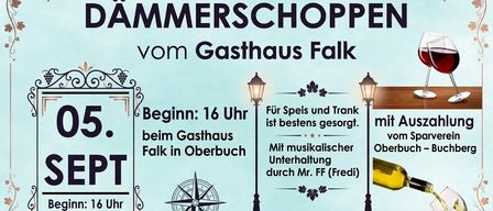 Plakat für die Sommerschuppen vom Gasthaus Falk, mit Kompass, Laternen und Musiknote. Es beginnt um 16 Uhr und bietet Essen, Trinken und Musik von Mr. FF.