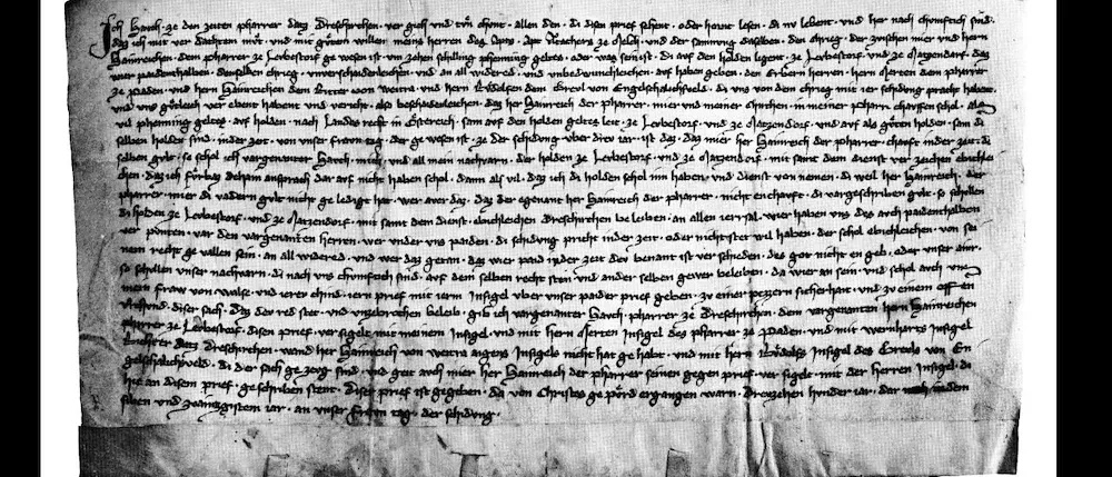 Dokument mit handgeschriebenem Text und einem Siegel am unteren Rand, datiert auf 1580, mit der ersten Erwähnung eines Ortes.