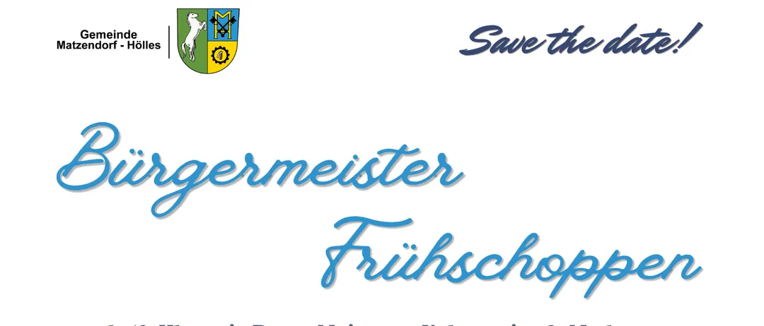 Ein Plakat für das Bürgermeister-Frühstück mit Peter Meissner, Kabarettist und Moderator. Musikalische Unterhaltung, Grillen und vieles mehr. Datum: 11. Oktober 2026. Zeit: 10:00 Uhr. Ort: Vor dem Rathaus.