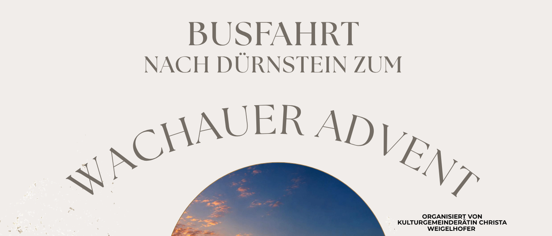 Eine Busfahrt-Werbung für Wachauer Advent in Dürnstein, mit einem stimmungsvollen Bild von einer Burg und einem Fluss bei Sonnenuntergang, einschließlich Informationen zu Abfahrt, Rückkehr und Ticketpreis.