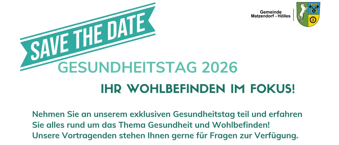 Plakat für eine Gesundheitsveranstaltung in Matzendorf-Hölles, Deutschland, am 8. November 2026, von 15:00 Uhr bis 19:00 Uhr. Die Veranstaltung bietet kostenlose Gesundheitsuntersuchungen, Aussteller und Vorträge zu Gesundheit und Wohlbefinden.