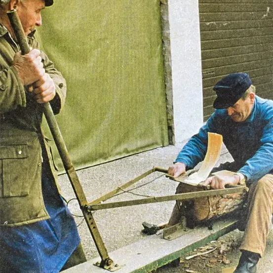 Zwei Männer arbeiten zusammen im Freien und sägen ein Stück Holz. Ein Mann hält die Säge, der andere das Holz.