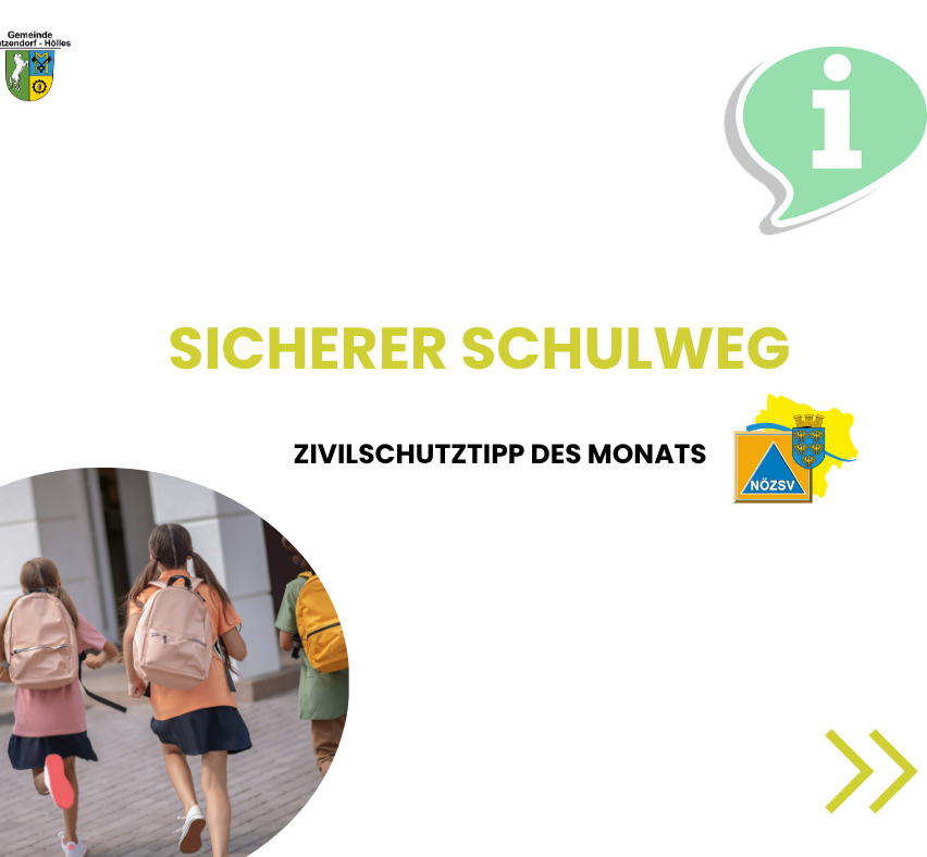Ein Bild, das einen sichereren Schulweg fördert, mit Kindern, die mit Rucksäcken zur Schule gehen. Der Text lautet 'Sicherer Schulweg' und 'Zivilschutztipp des Monats'.