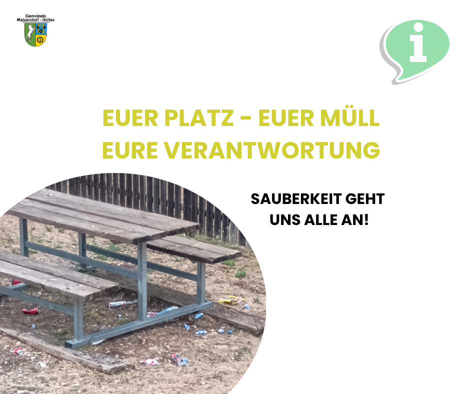Ein Poster mit einem schmutzigen Picknicktisch und Bänken, umgeben von Müll, mit dem Text 'Euer Platz - Euer Müll - Eure Verantwortung. Sauberkeit geht uns alle an!' in Gelb.