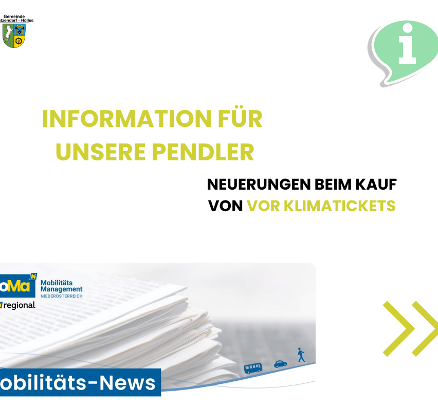 Eine Werbung für 'Mobilitäts-News' mit einem Stapel Papieren, einem Bus, einem Auto und einer gehenden Person, mit den Texten 'Information für unsere Pendler' und 'Neuerungen beim Kauf von Klimatickets'.