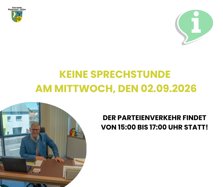 Ein Bild eines Mannes, der an einem Schreibtisch mit einem Laptop sitzt, ein Schild über ihm steht 'Keine Sprechstunde am Mittwoch, den 02.09.2026' und 'Der Parteienverkehr findet von 15:00 bis 17:00 Uhr statt'.