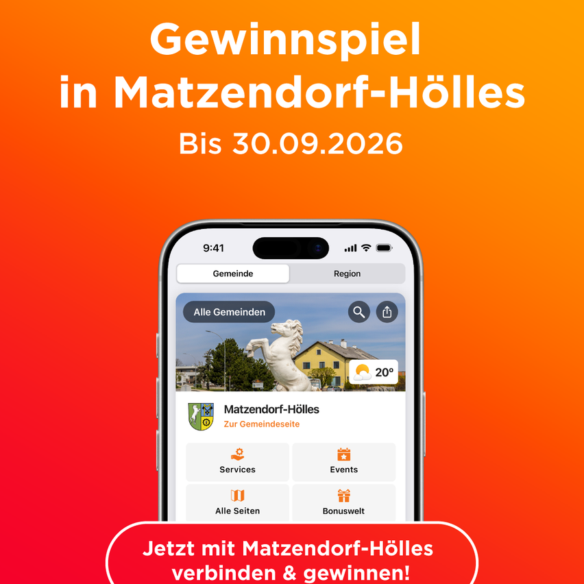 Ein Werbebild für ein Spiel in Matzendorf-Hölles, das ein Smartphone zeigt, das eine Gemeindewebsite mit Optionen wie Dienste, Veranstaltungen und Alle Seiten anzeigt. Der Hintergrund zeigt eine Pferdestatue und ein Haus. Das Datum 30.09.2026 ist hervorgehoben.
