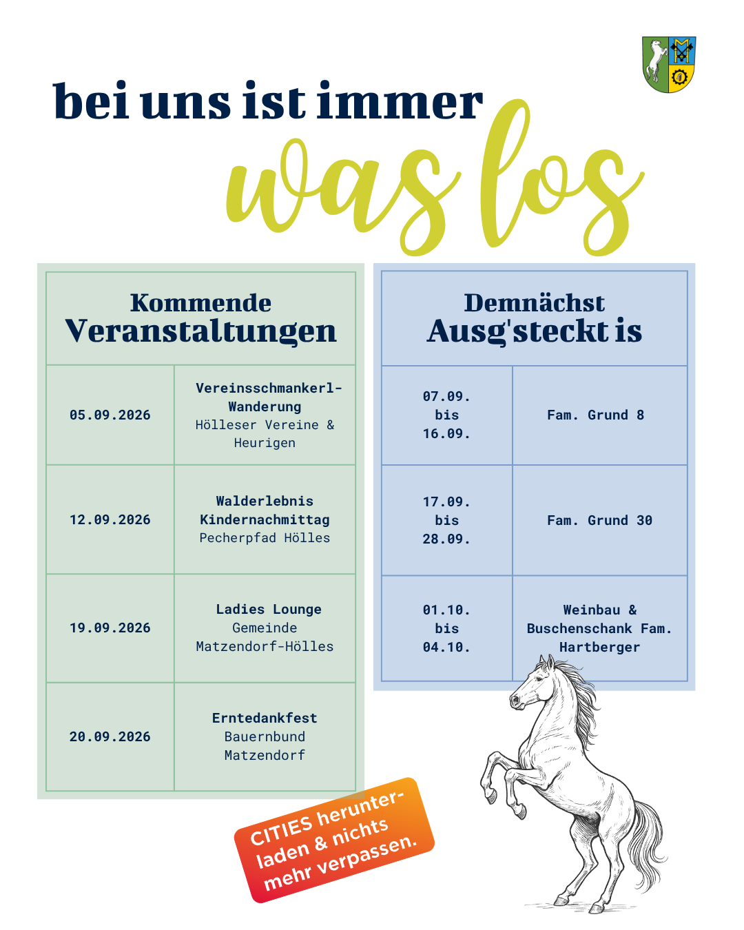 Ein Bild zeigt einen Zeitplan mit bevorstehenden Veranstaltungen, einschließlich Daten, Veranstaltungsnamen und Orten. Die Veranstaltungen sind in zwei Abschnitte unterteilt: 'Kommende Veranstaltungen' und 'Demnachst Ausg'steckt ist.' Die Daten reichen von 5. September 2026 bis 4. Oktober 2026. Zu den Veranstaltungen gehören eine Familienwanderung, ein Kindertag, eine Damenlounge und ein Erntedankfest. Eine Illustration eines Pferdes ist ebenfalls vorhanden.