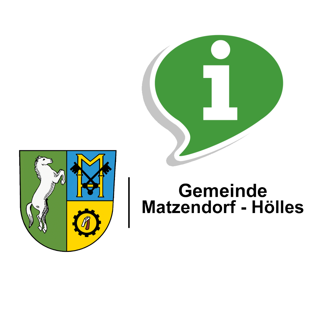 Wappen mit einem weißen Pferd auf einem grün-gelben Schild mit einem 'M' und Zahnrädern. Informationssymbol daneben. Gemeinde Matzendorf-Hölles.