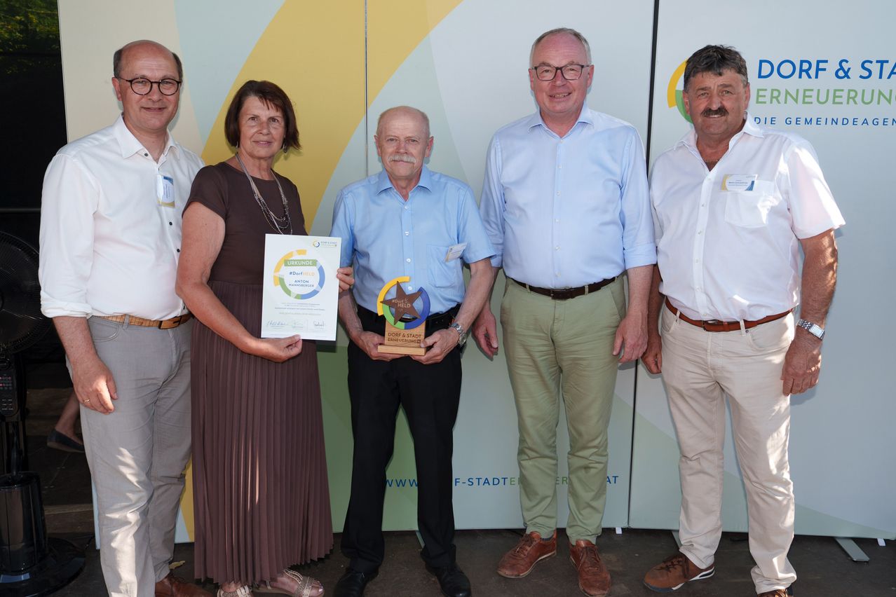 Fünf Personen stehen für eine Preisverleihung. Der Mann in der Mitte hält einen Pokal und ein Zertifikat. Die anderen lächeln. Sie sind formell gekleidet. Der Hintergrund hat Logos und Text.
