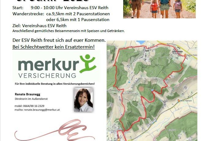 Plakat für einen Familienwanderungstag am 9. Juni 2025. Die Wanderung beginnt um 9:00-10:00 Uhr, führt über 9,5 km mit 2 Pausen und 6,5 km mit 1 Pause. Sie endet am ESV Reith Vereinshaus mit einem geselligen Beisammensein. Bei schlechtem Wetter kein Ersatztermin!