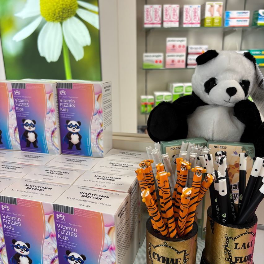 A display of Vitamin Fizzies Kids vitamins with a panda plush in a pharmacy setting. Various products and promotional materials are visible in the background.