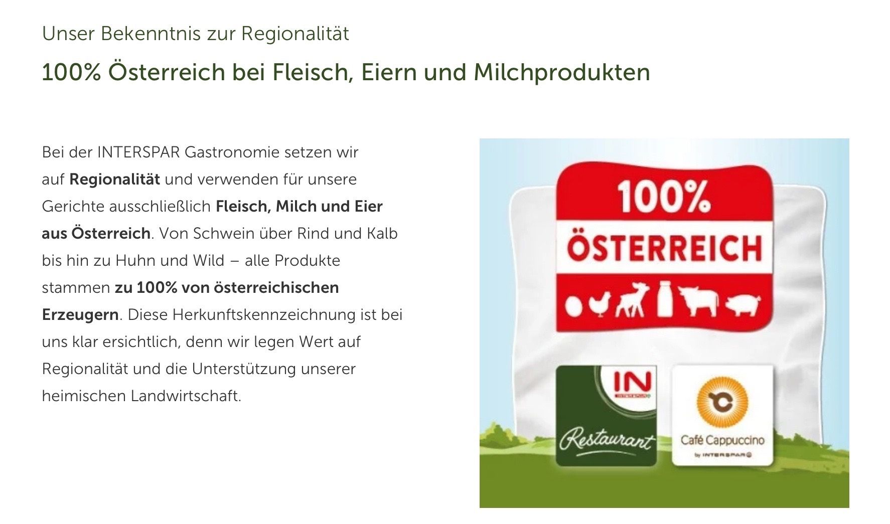 Das Bild betont die Regionalität, insbesondere bei Fleisch, Eiern und Milchprodukten. Es hebt die Verwendung von lokalen Wildtieren in der Gastronomie hervor und erwähnt das österreichische Qualitätszeichen für diese Produkte.