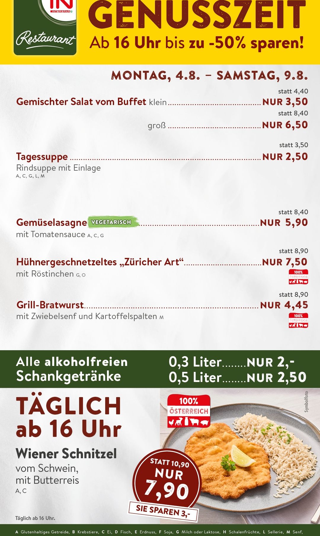 Menü mit verschiedenen Gerichten und Getränken. Gerichte umfassen Rindersuppe, vegetarische Gemüselasagne, Hühnerschnitzel und Grill-Bratwurst. Getränke umfassen alkoholfreie Getränke. Preise für jedes Gericht und Getränk aufgeführt.