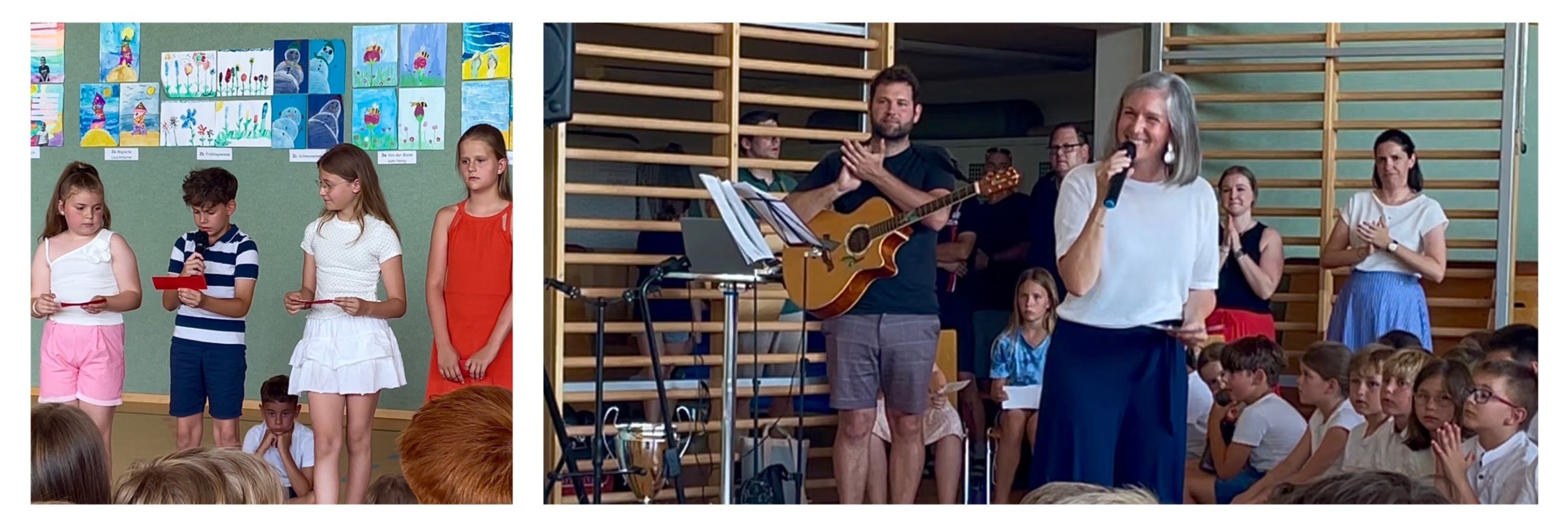 Ein Mann steht vor einer Holzwand und spielt Gitarre. Hinter ihm stehen einige Leute, und einige sitzen auf Stühlen. Ein Pokal und ein Laptop sind auf der linken Seite. Ein Mädchen hält ein Papier in den Händen.