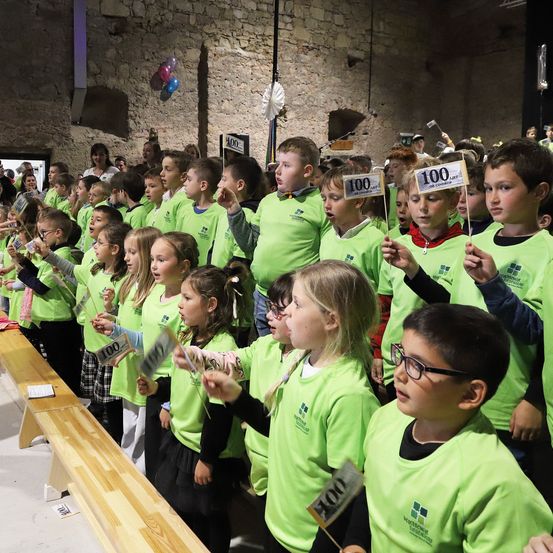 Eine große Gruppe von Kindern in grünen Shirts mit Nummern steht und hält Schilder mit Nummern, vermutlich bei einer Veranstaltung. Dahinter ist eine Steinmauer und eine Bühne mit Luftballons zu sehen.
