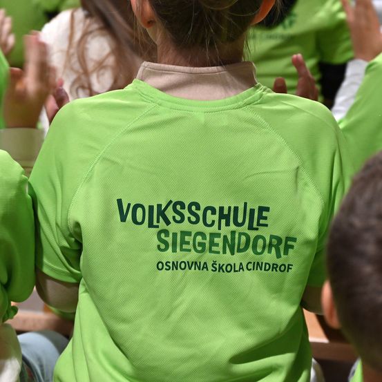 Mehrere Schüler in grünen Shirts sitzen in einem Klassenzimmer. Auf dem Rücken eines Schülerhemds steht 'VOLKSSCHULE SIEGENDORF' und 'OSNOVNÁ ŠKOLA CINDROF' in Grün.