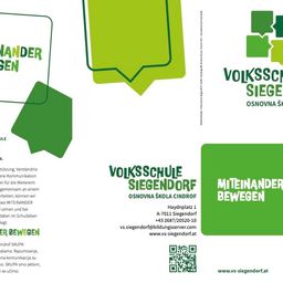 Das Bild ist ein Flyer für die Volksschule Siegendorf, eine Grundschule. Es betont die Bedeutung von Gemeinschaftsbeteiligung und gegenseitiger Unterstützung. Die Schule fördert gemeinsame Aktivitäten in Sport, Lernen und im schulischen Leben, um gemeinsam zu wachsen. Kontaktinformationen und ein QR-Code für die Website der Schule sind ebenfalls angegeben.