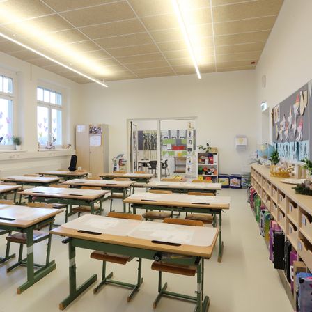 Ein leeres Klassenzimmer mit weißen Wänden und weißem Boden. Es hat Schreibtische und Stühle und eine Ankündigungstafel auf der rechten Seite. Links befinden sich Fenster mit Topfpflanzen und Zeichnungen.