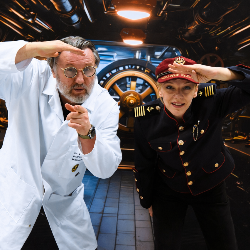 Ein Mann in einem weißen Laborkittel und eine Frau in einer Marineuniform stehen vor einem Schiffsinneren. Der Mann zeigt, während die Frau salutiert.