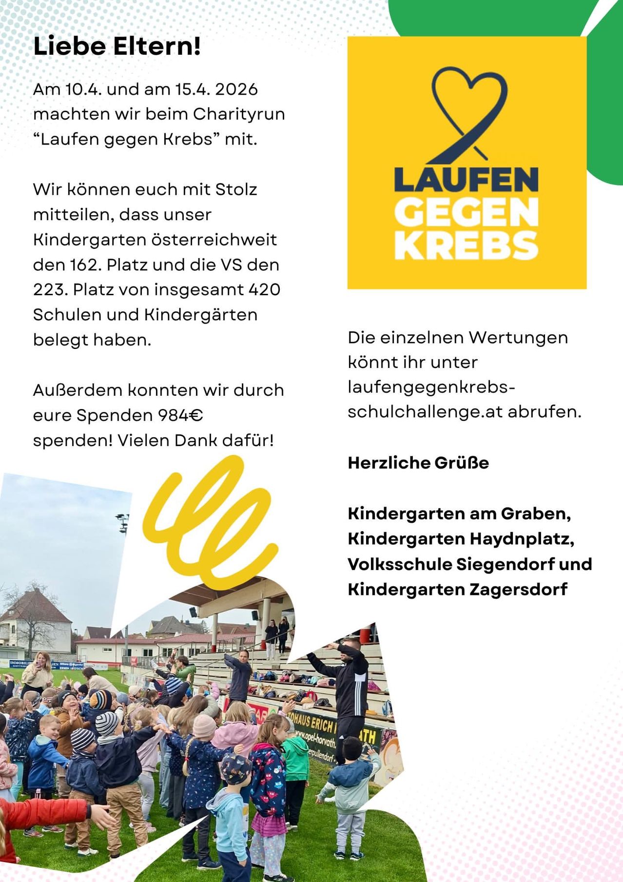 Wir können euch mit Stolz mitteilen, dass unser Kindergarten österreichweit den 162. Platz und die VS den 223. Platz von insgesamt 420 Schulen und Kindergärten belegt haben. Außderdem konnten wir durch eure Spenden 984€ sammeln! Herzliche Grüße, Kindergarten am Graben, Kindergarten Haydnplatz, Volksschule Siegendorf und Kindergarten Zagersdorf.