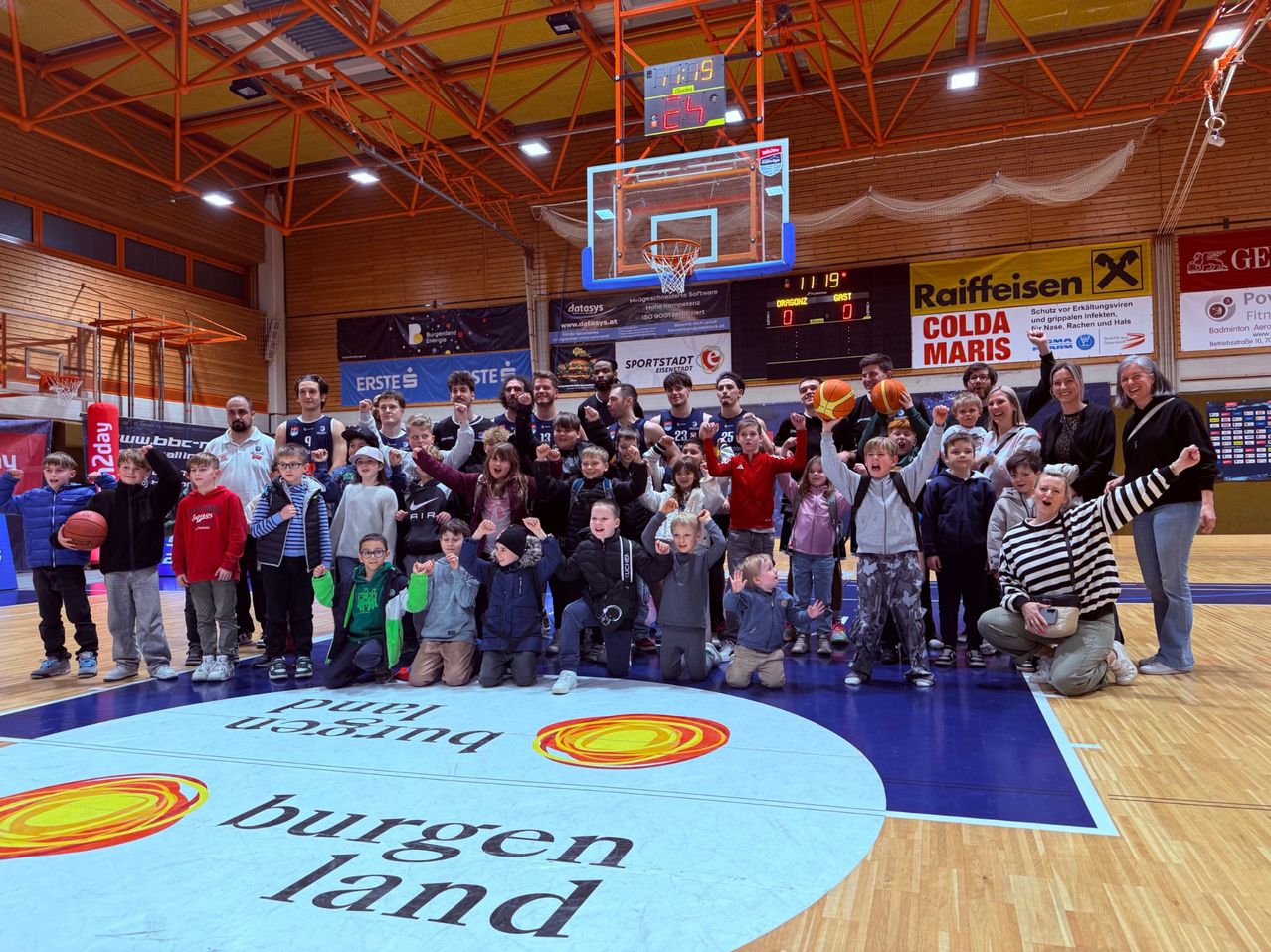 Gruppenfoto von Kindern und Erwachsenen auf einem Basketballplatz mit dem Text Burgenland, halten Basketballs und jubeln.
