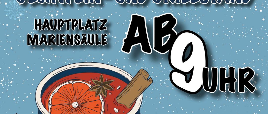 Eine Anzeige für das Adventdorf in Pischelsdorf am 1. Dezember 2025 mit einer Tasse Glühwein mit Zimtstange und Orangenscheibe und einer After-Work-Party ab 17 Uhr.